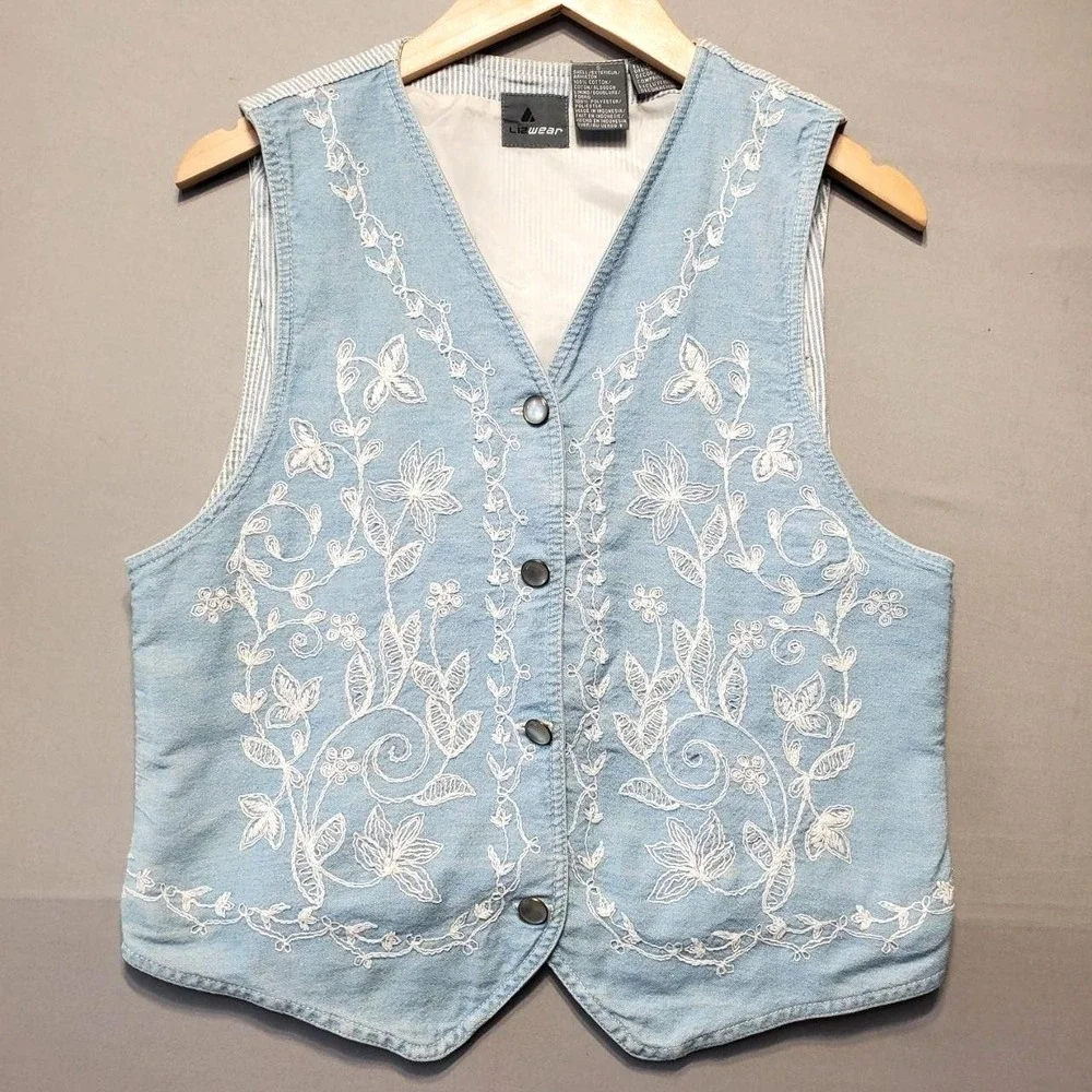 VTG Lizwear Denim Vest Womens S Light Blue Embroidered Floral Boho Cottagecore - Picture 1 of 9